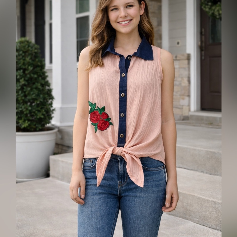 Women’s Sleeveless Button Front Tie Blouse Peach Embroidered Roses Boho Size M